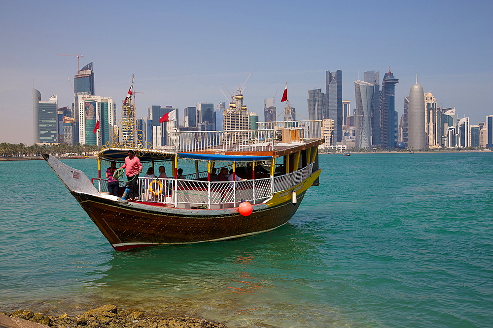 Small boat and City Centre skyline, Doha, Qatar, Middle East