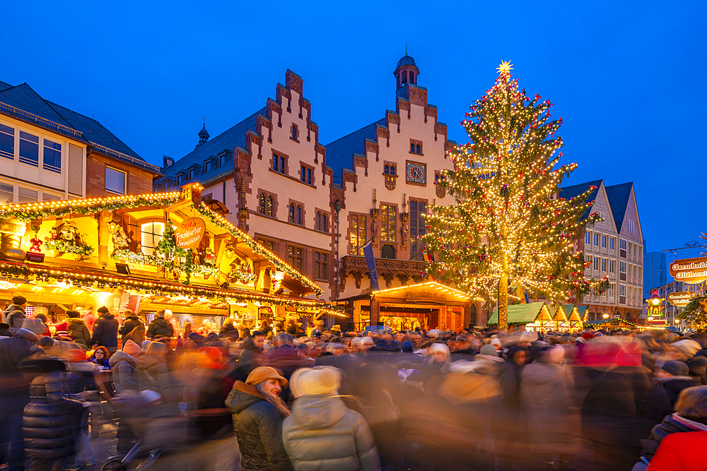 View of Christmas Market on Roemerberg Square at dusk, Frankfurt am Main, Hesse, Germany, Europe