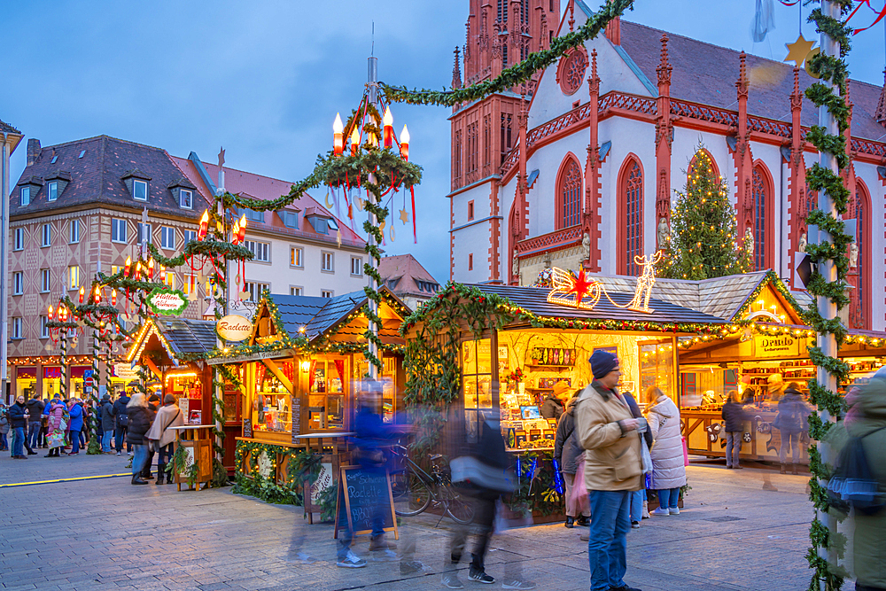 View of Christmas Market and Maria Chappel in Marktplatz, Wurzburg, Bavaria, Germany, Europe