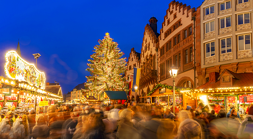 View of Christmas Market on Roemerberg Square at dusk, Frankfurt am Main, Hesse, Germany, Europe