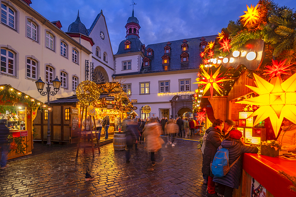 View of Christmas Market in Jesuitenplatz in historic town centre at Christmas, Koblenz, Rhineland-Palatinate, Germany, Europe