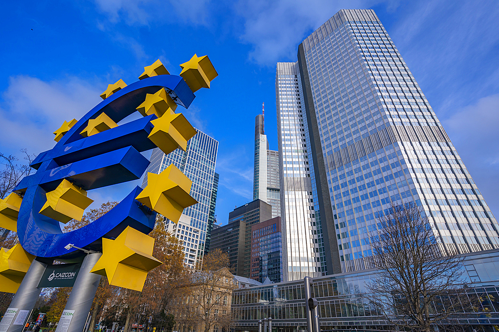 View of financial district skyline and the Euro Sculpture, Willy Brandt Platz, Frankfurt am Main, Hesse, Germany, Europe