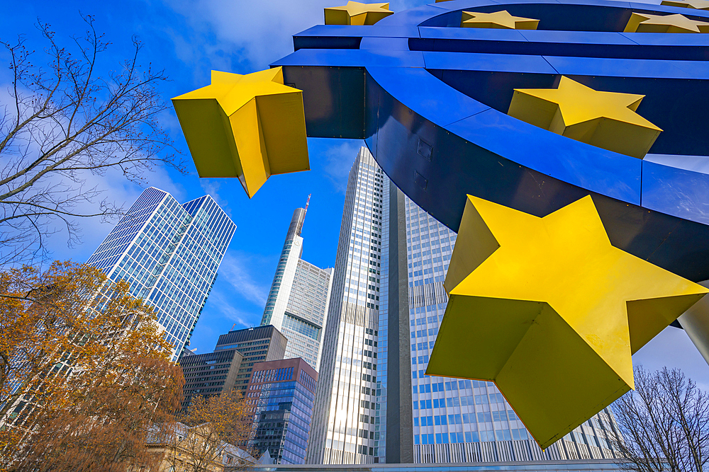 View of financial district skyline and the Euro Sculpture, Willy Brandt Platz, Frankfurt am Main, Hesse, Germany, Europe