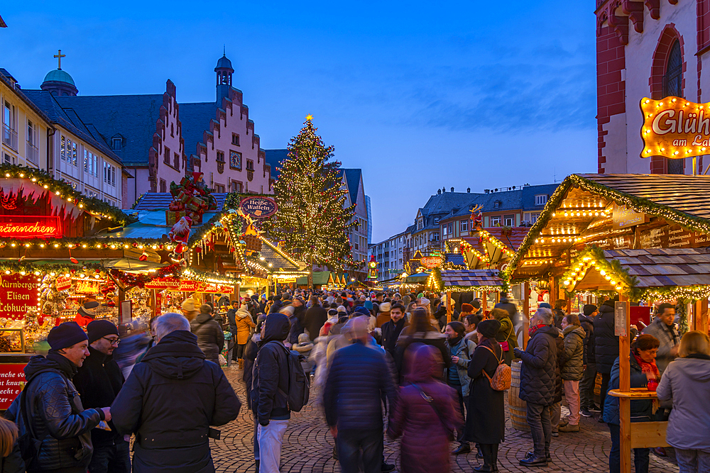 View of Christmas Market on Roemerberg Square at dusk, Frankfurt am Main, Hesse, Germany, Europe