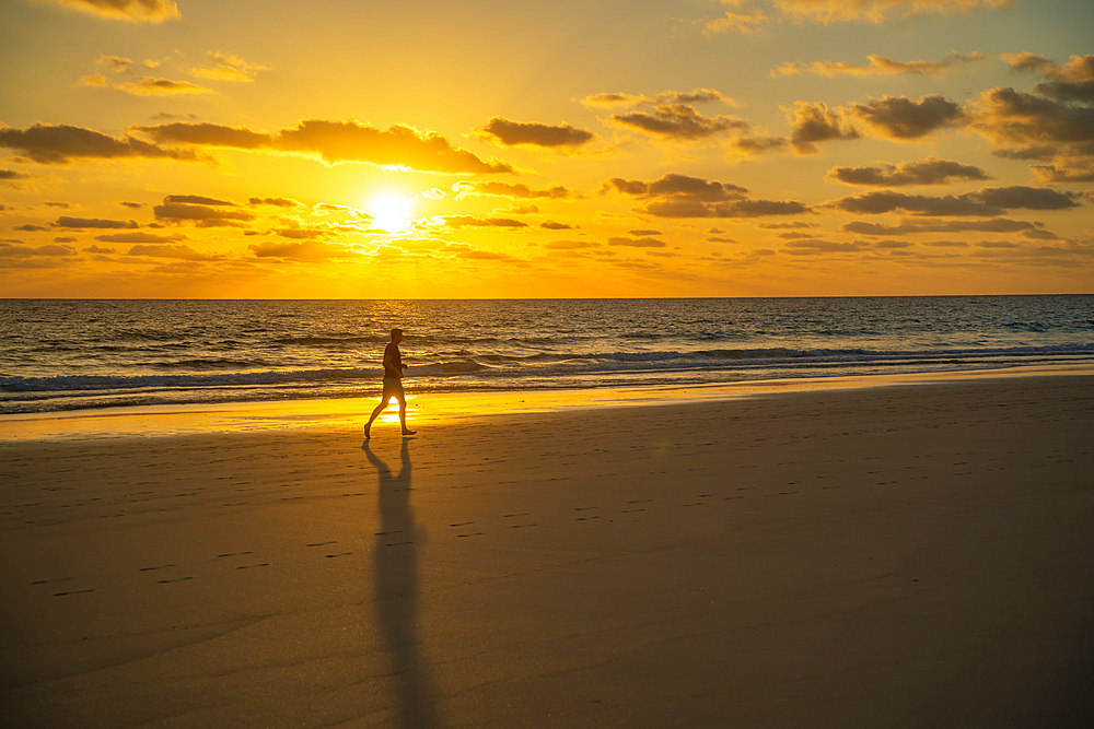 View of beach, jogger and the Atlantic Ocean at sunrise, Corralejo Natural Park, Fuerteventura, Canary Islands, Spain, Atlantic, Europe