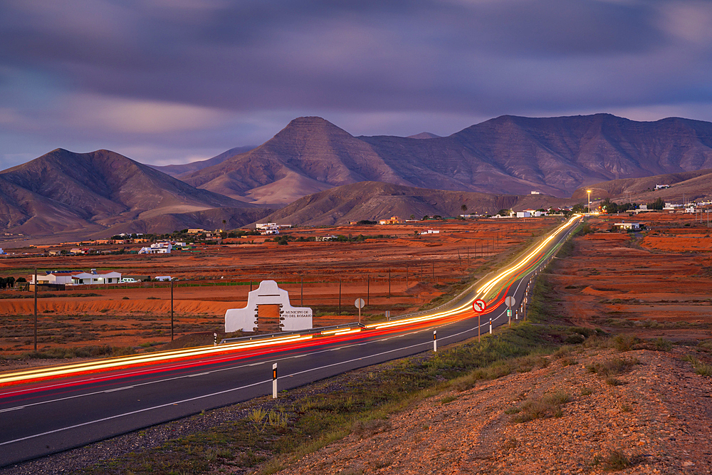 View of road, trail lights and landscape near Antigua, Antigua, Fuerteventura, Canary Islands, Spain, Atlantic, Europe