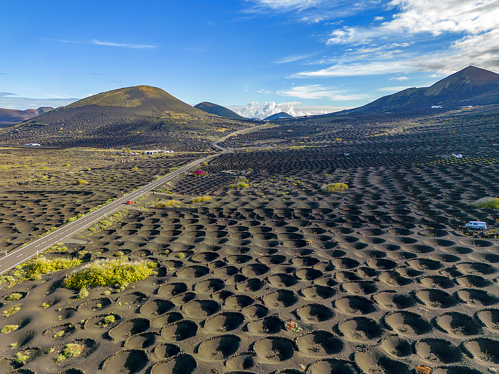 Aerial view of wine growing district of La Geria, Timanfaya National Park, Lanzarote, Canary Islands, Spain, Atlantic, Europe