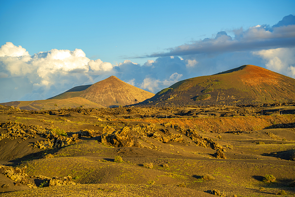 View of volcanic landscape in Timanfaya National Park at sunset, Lanzarote, Las Palmas, Canary Islands, Spain, Atlantic, Europe