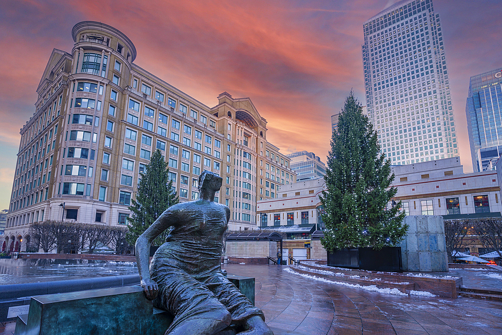 View of Canary Wharf tall buildings at Christmas, Docklands, London, England, United Kingdom, Europe