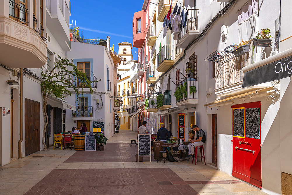 View of restaurants and cafes in Dalt Vila, UNESCO World Heritage Site, Ibiza Town, Eivissa, Balearic Islands, Spain, Mediterranean, Europe