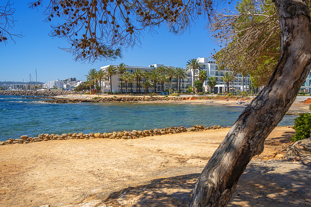 View of beach at Cala Nieves overlooking Santa Eularia des Riu, Ibiza, Balearic Islands, Spain, Mediterranean, Europe