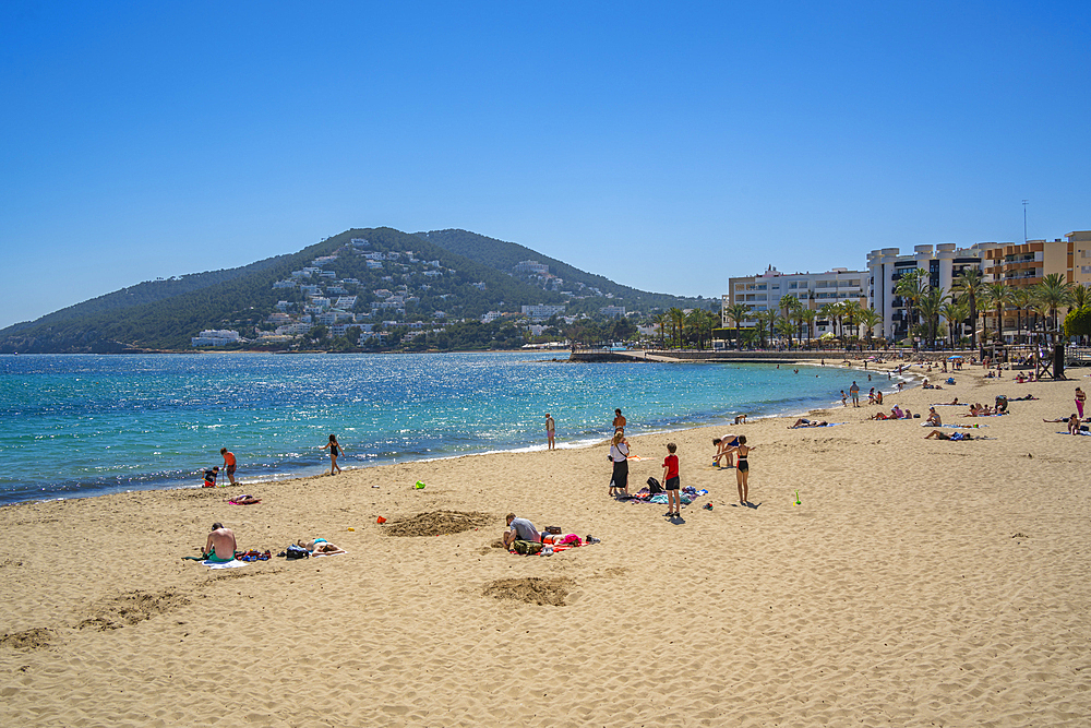 View of Playa De Santa Eulalia, Santa Eularia des Riu, Ibiza, Balearic Islands, Spain, Mediterranean, Europe