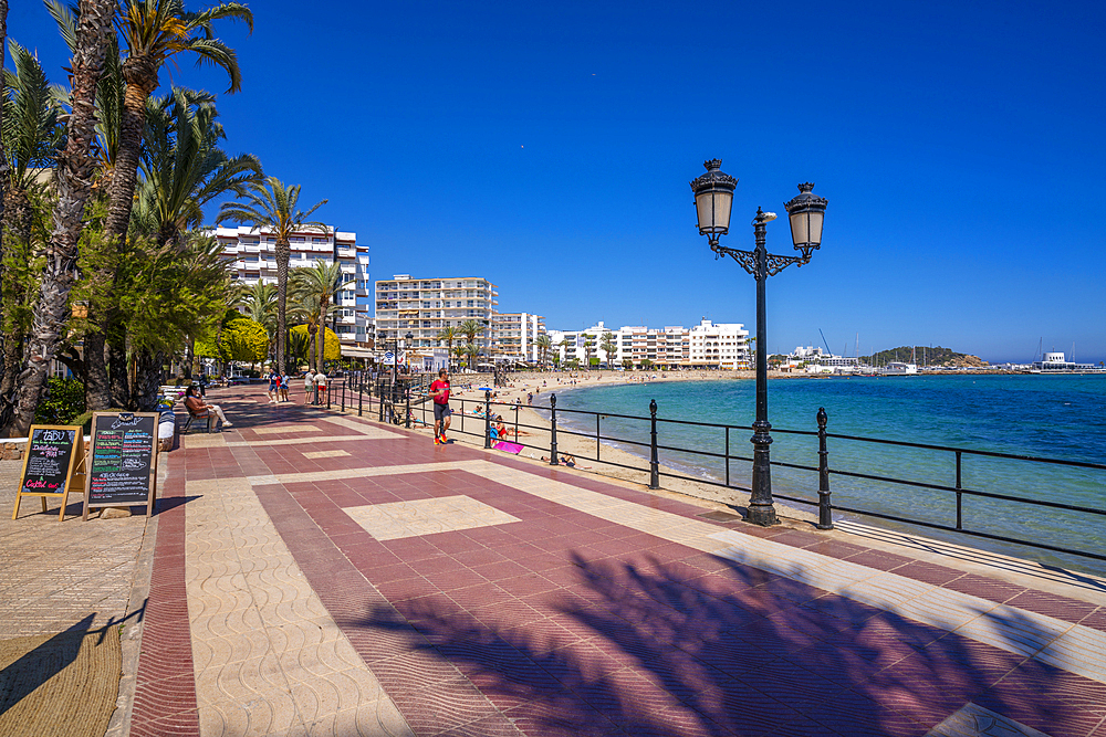 View of promenade and Playa De Santa Eulalia, Santa Eularia des Riu, Ibiza, Balearic Islands, Spain, Mediterranean, Europe