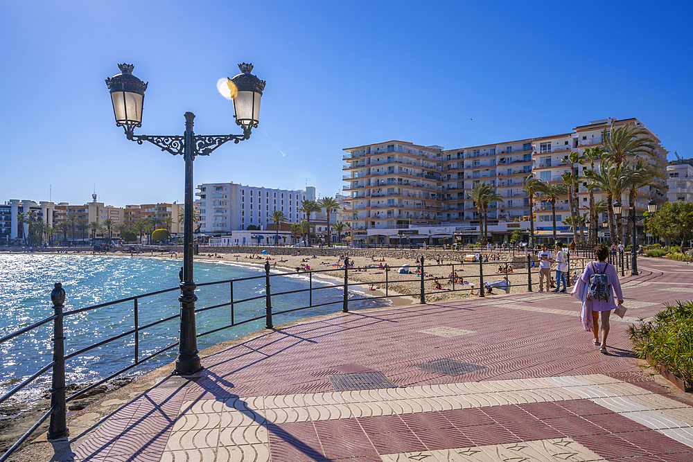 View of promenade and Playa De Santa Eulalia, Santa Eularia des Riu, Ibiza, Balearic Islands, Spain, Mediterranean, Europe