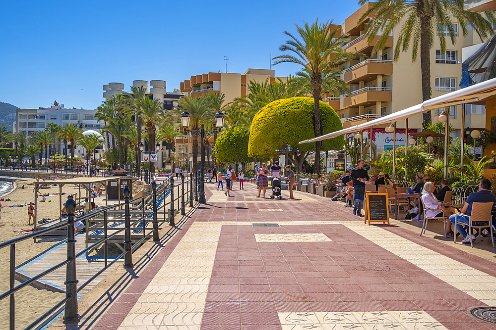 View of promenade and Playa De Santa Eulalia, Santa Eularia des Riu, Ibiza, Balearic Islands, Spain, Mediterranean, Europe