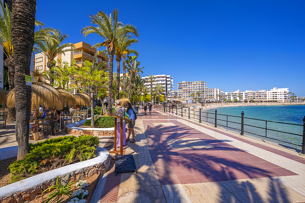 View of promenade and Playa De Santa Eulalia, Santa Eularia des Riu, Ibiza, Balearic Islands, Spain, Mediterranean, Europe