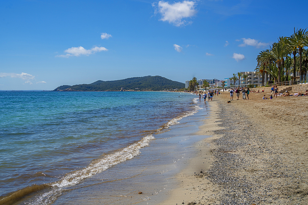 View of Playa Den Bossa Beach, Ibiza Town, Eivissa, Balearic Islands, Spain, Mediterranean, Europe