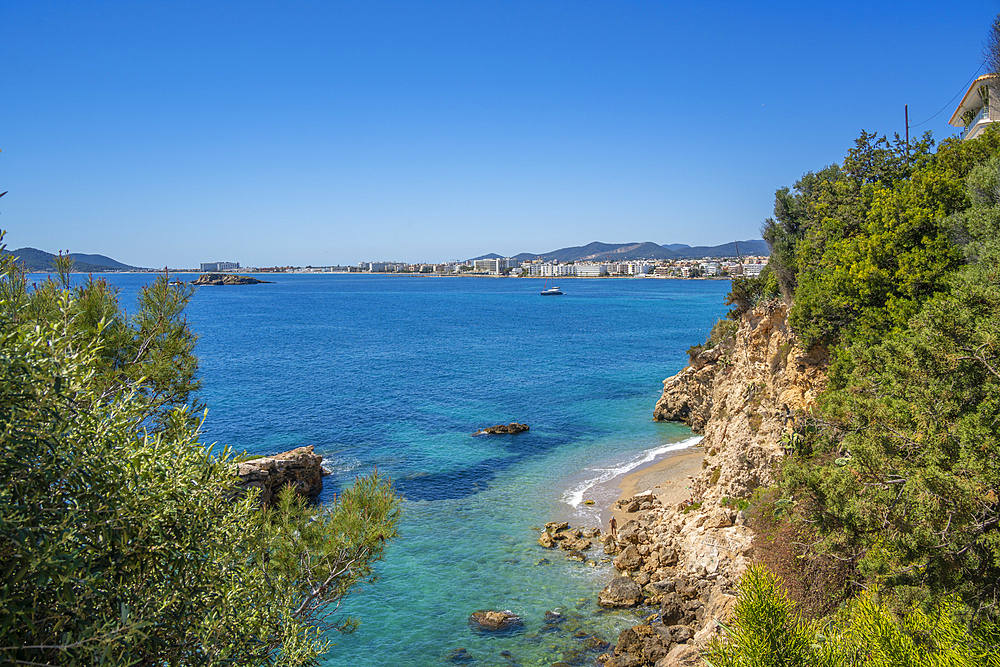 View of hotels overlooking Playa Den Bossa Beach, Ibiza Town, Eivissa, Balearic Islands, Spain, Mediterranean, Europe