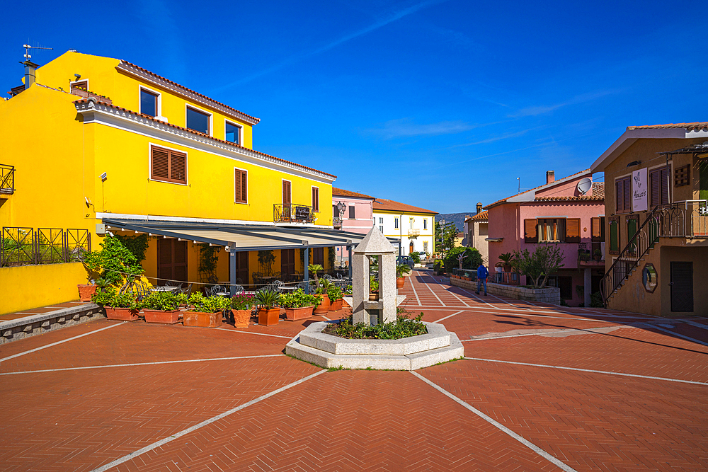 View of colourful buildings in Piazza Mediterraneo, San Teodoro, Sardinia, Italy, Mediterranean, Europe