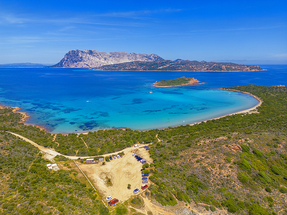 Aerial view of Capo Coda Cavallo and Isola Di Tavolara in the background, Olbia, Sardinia, Italy, Mediterranean, Europe