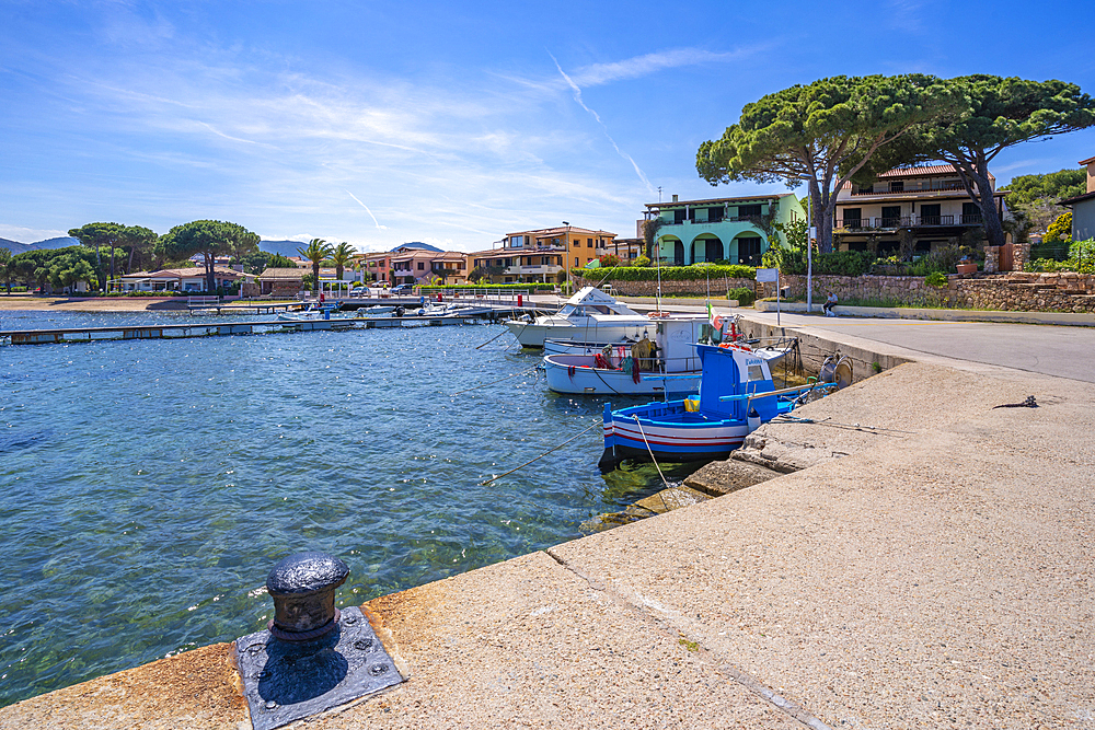 View of boats on small harbour in Porto San Paolo, Porto San Paolo, Sardinia, Italy, Mediterranean, Europe