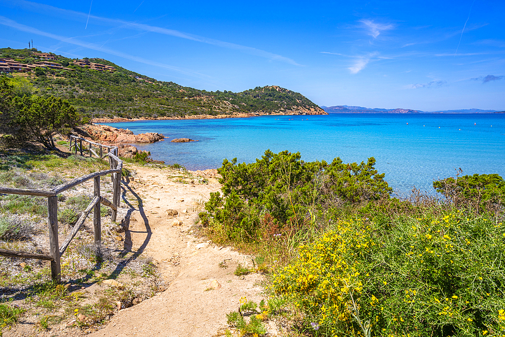 View of Capo Coda Cavallo beach from elevated position, Sardinia, Italy, Mediterranean, Europe