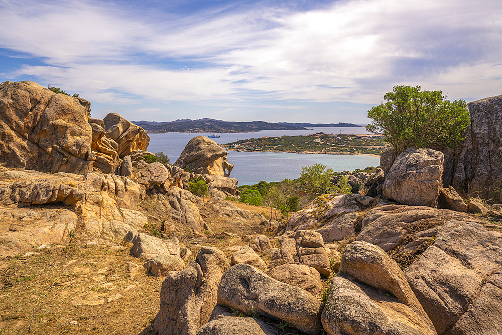 View of La Maddalena from rock formations near Porto Rafael, Sardinia, Italy, Mediterranean, Europe