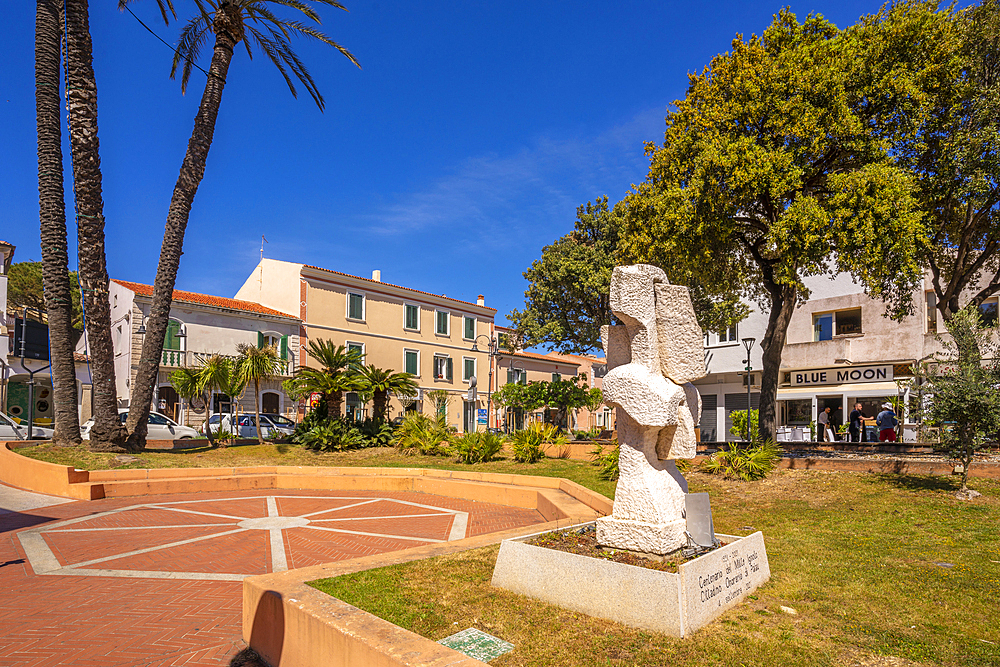 View of palm trees and cafes in Piazza due Palme, Palau, Sardinia, Italy, Mediterranean, Europe