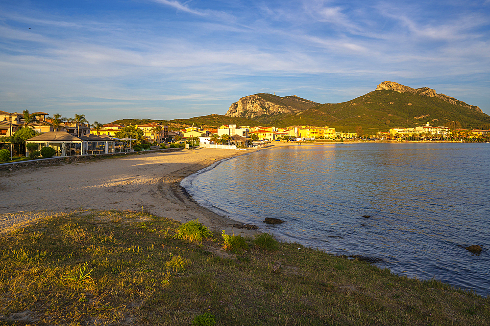 View of beach at sunset in Golfo Aranci, Sardinia, Italy, Mediterranean, Europe