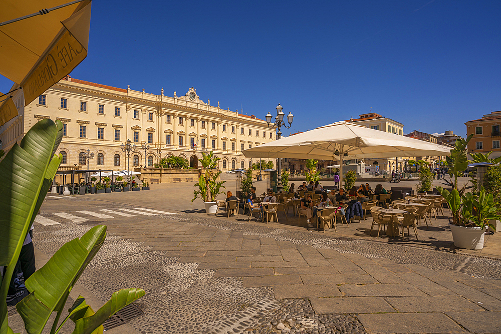 View of Town Hall and cafe restaurant in Piazza d'Italia in Sassari, Sassari, Sardinia, Italy, Mediterranean, Europe