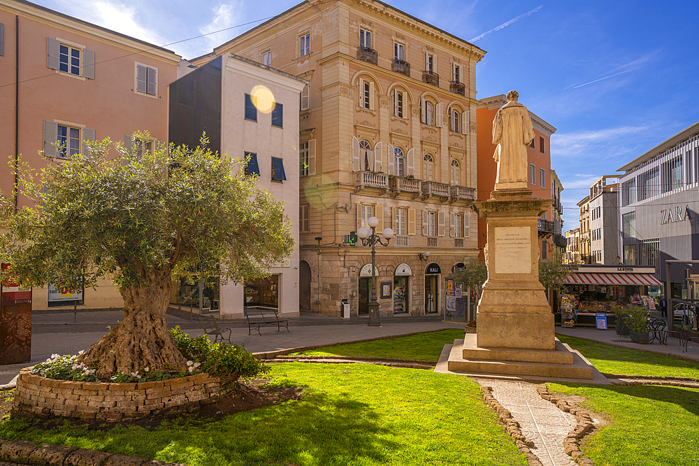 View of statue in Piazza Domenico Alberto Azuni in Sassari, Sassari, Sardinia, Italy, Mediterranean, Europe