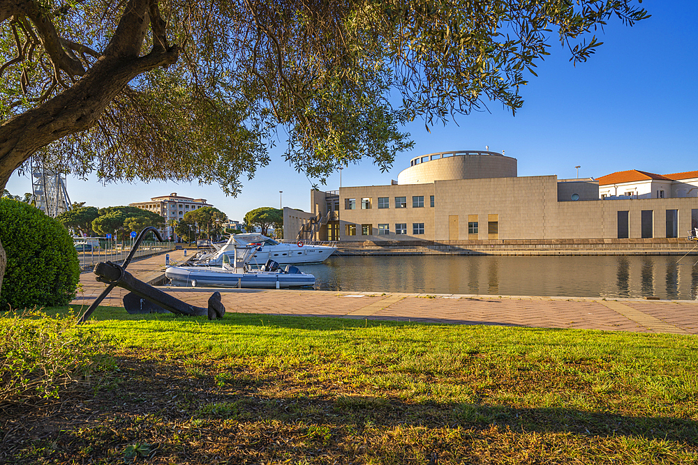 View of Archaeological Museum of Olbia and harbour boats on sunny day on Olbia, Olbia, Sardinia, Italy, Mediterranean, Europe