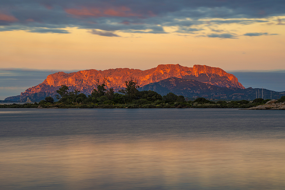 View of Isola di Tavolara at sunset from Olbia, Olbia, Sardinia, Italy, Mediterranean, Europe