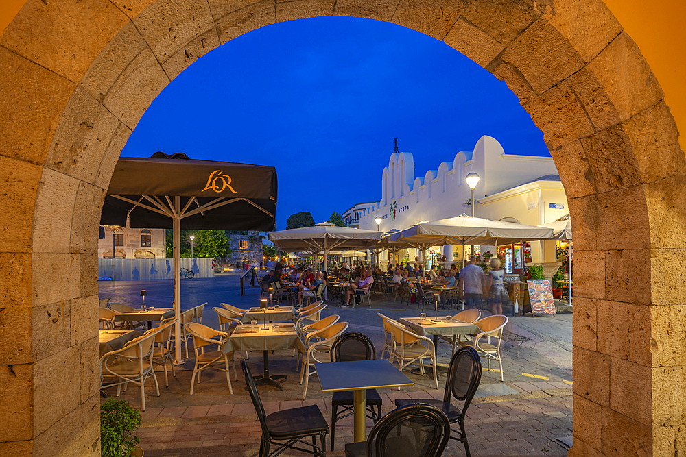 View of Kos Municipal Market in Eleftherias Central Square in Kos Town at dusk, Kos, Dodecanese, Greek Islands, Greece, Europe