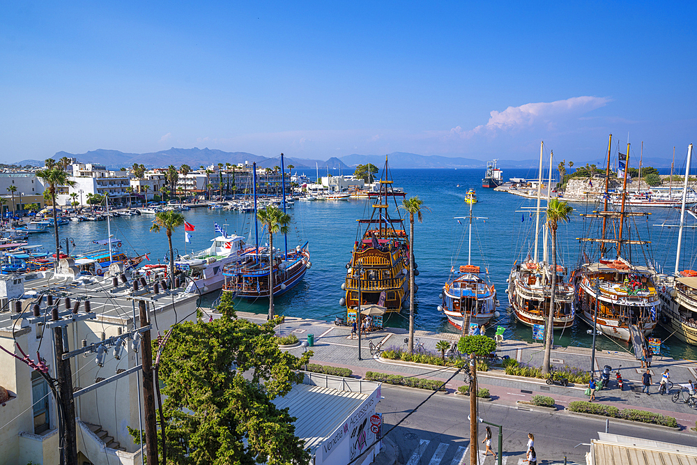 Elevated view of ships in Kos Harbour, Kos Town, Kos, Dodecanese, Greek Islands, Greece, Europe