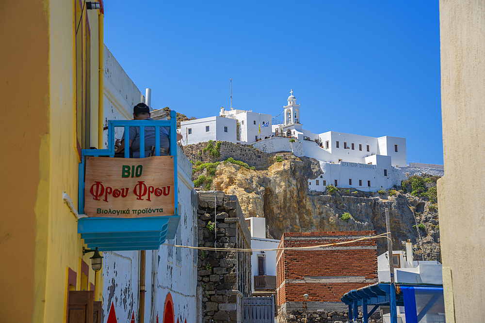 View of Virgin Mary Spiliani Monastery above the town of Mandraki, Mandraki, Nisyros, Dodecanese, Greek Islands, Greece, Europe