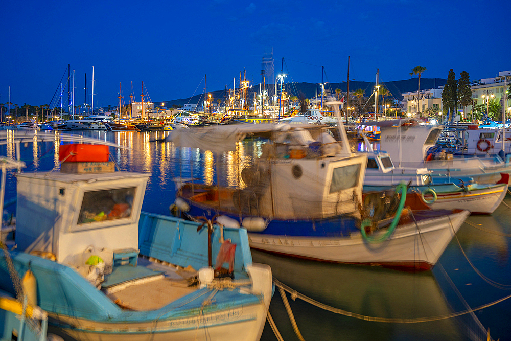 View of the harbour in Kos Town at dusk, Kos, Dodecanese, Greek Islands, Greece, Europe