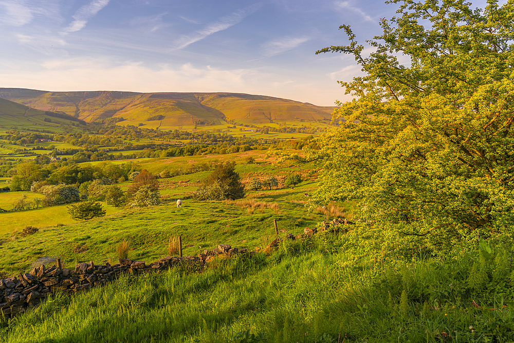 View of landscape toward Edale village in spring, Derbyshire Dales, Peak District National Park, Derbyshire, England, United Kingdom, Europe