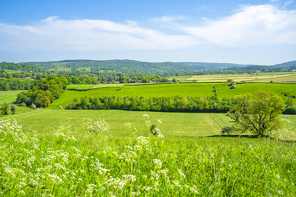 View of farmland and Baslow village during spring, Peak District National Park, Derbyshire, England, United Kingdom, Europe