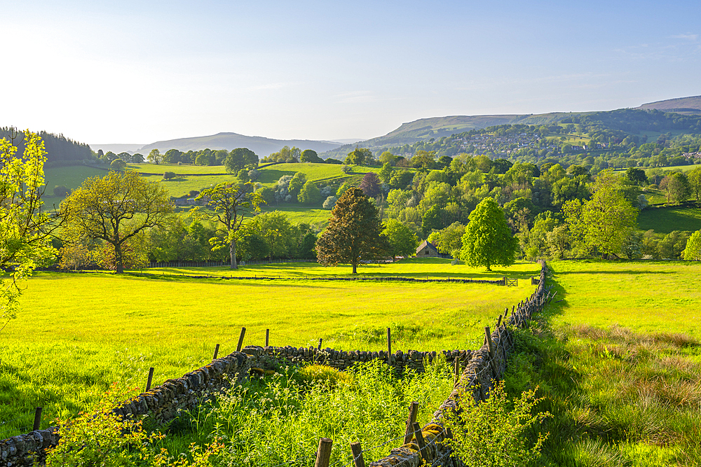 View of landscape toward Hathersage village during spring, Peak District National Park, Derbyshire, England, United Kingdom, Europe