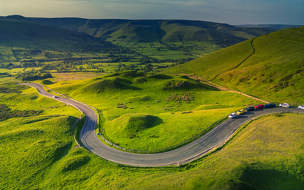 Aerial view of road to Edale, Vale of Edale, Peak District National Park, Derbyshire, England, United Kingdom, Europe