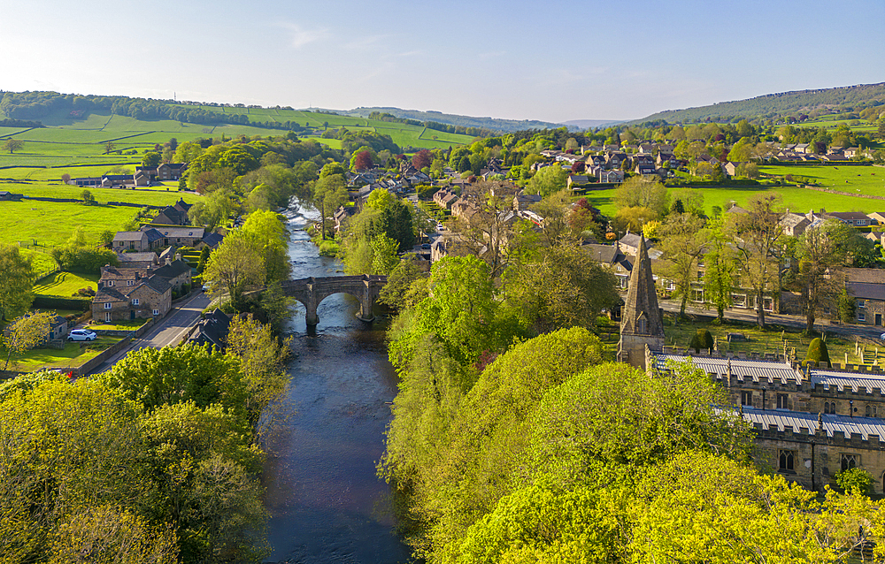 Aerial view of river Derwent and Baslow village, Peak District National Park, Derbyshire, England, United Kingdom, Europe