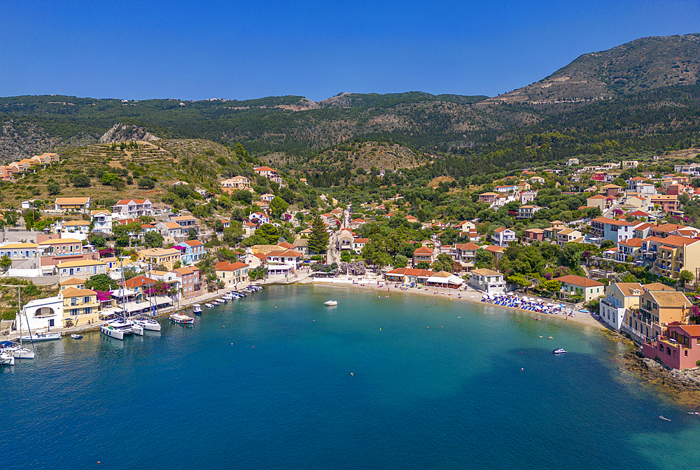 Aerial view of coastline near Zola, Kefalonia, Ionian Islands, Greek Islands, Greece, Europe