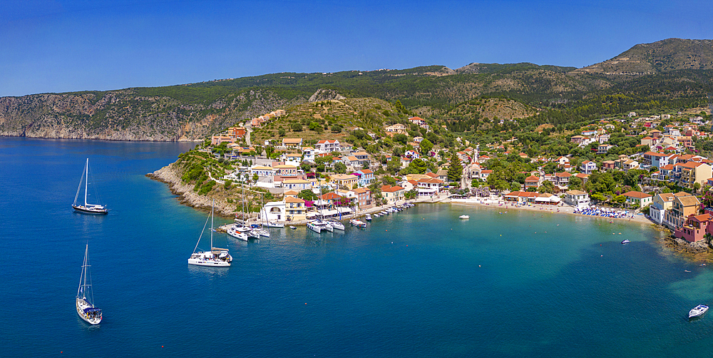 Aerial view of coastline near Zola, Kefalonia, Ionian Islands, Greek Islands, Greece, Europe