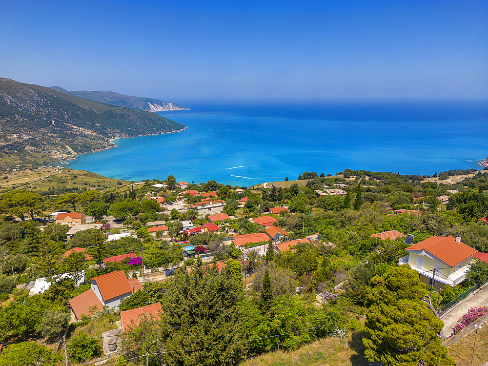 Aerial view of coastline near Zola, Kefalonia, Ionian Islands, Greek Islands, Greece, Europe