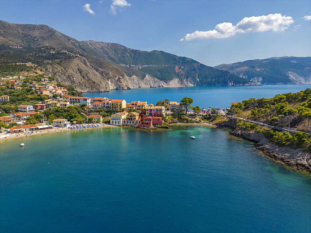 Aerial view of coastline near Zola, Kefalonia, Ionian Islands, Greek Islands, Greece, Europe