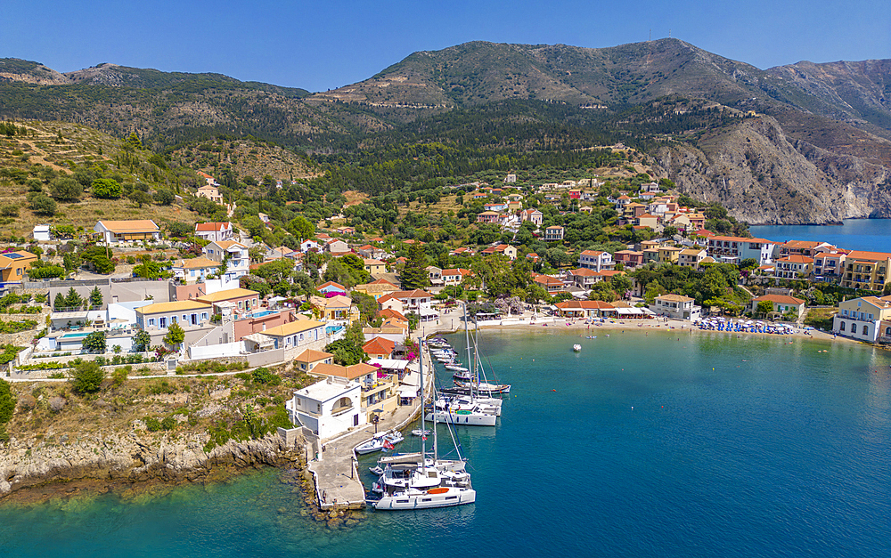 Aerial view of coastline near Zola, Kefalonia, Ionian Islands, Greek Islands, Greece, Europe