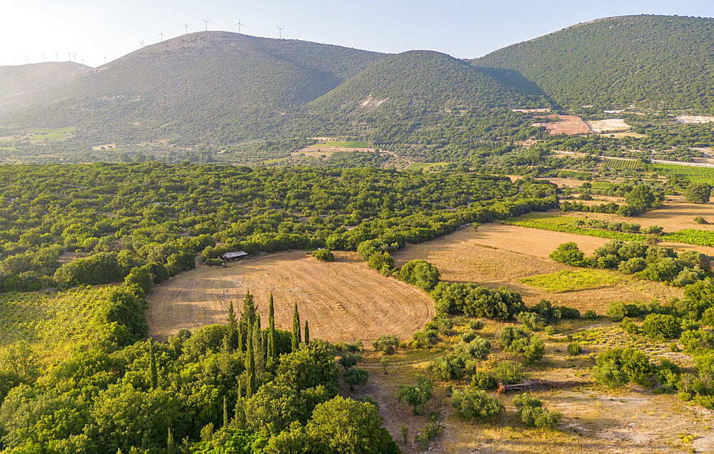 Aerial view of landscape and hills near Chaliotata, Kefalonia, Ionian Islands, Greek Islands, Greece, Europe