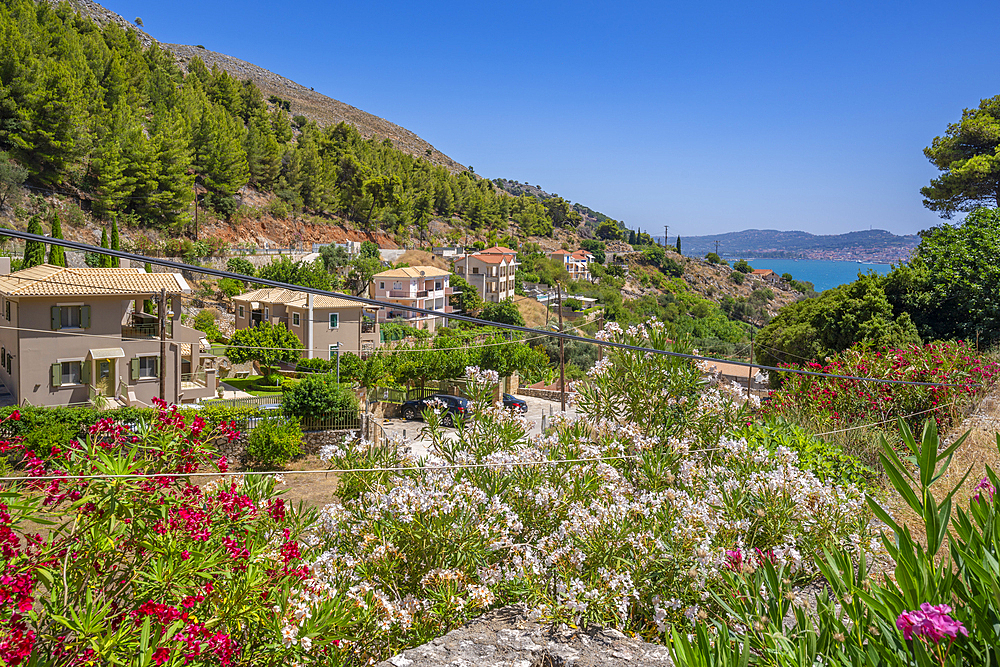 View of coastline and sea from near Kourouklata, Kefalonia, Ionian Islands, Greek Islands, Greece, Europe