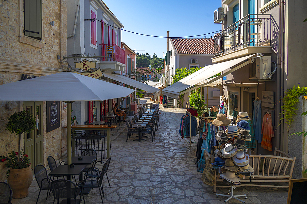 View of cafes and shops in Fiscardo, Fiscardo, Kefalonia, Ionian Islands, Greek Islands, Greece, Europe